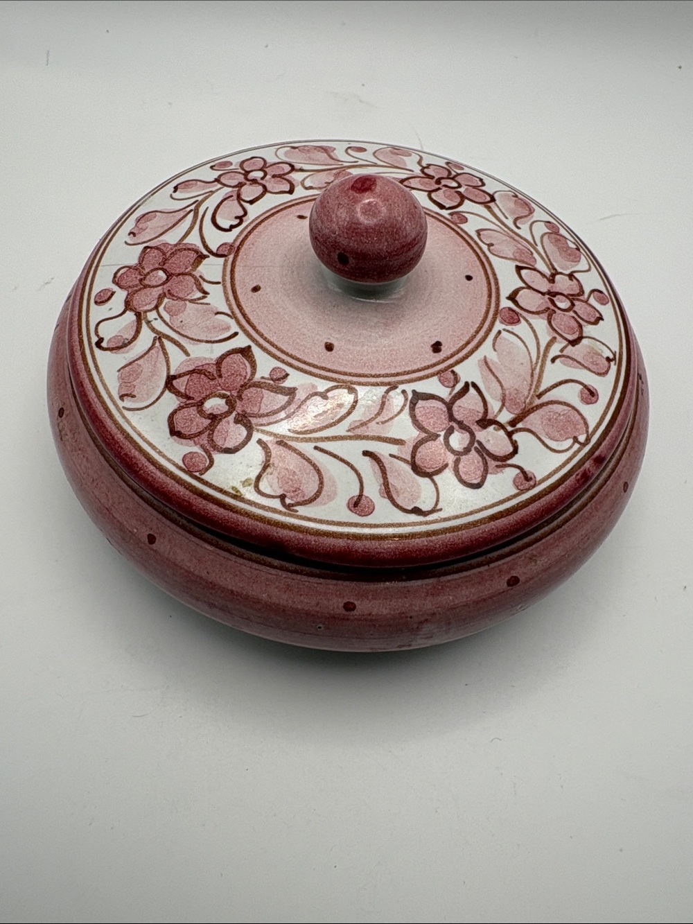 Italian Hand-Painted Pink Floral Ceramic Lidded Box Made in Italy